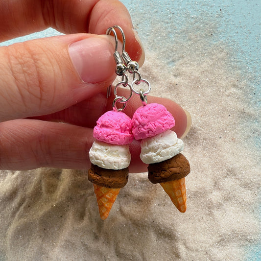 Neopolitan Ice Cream Cone Earrings
