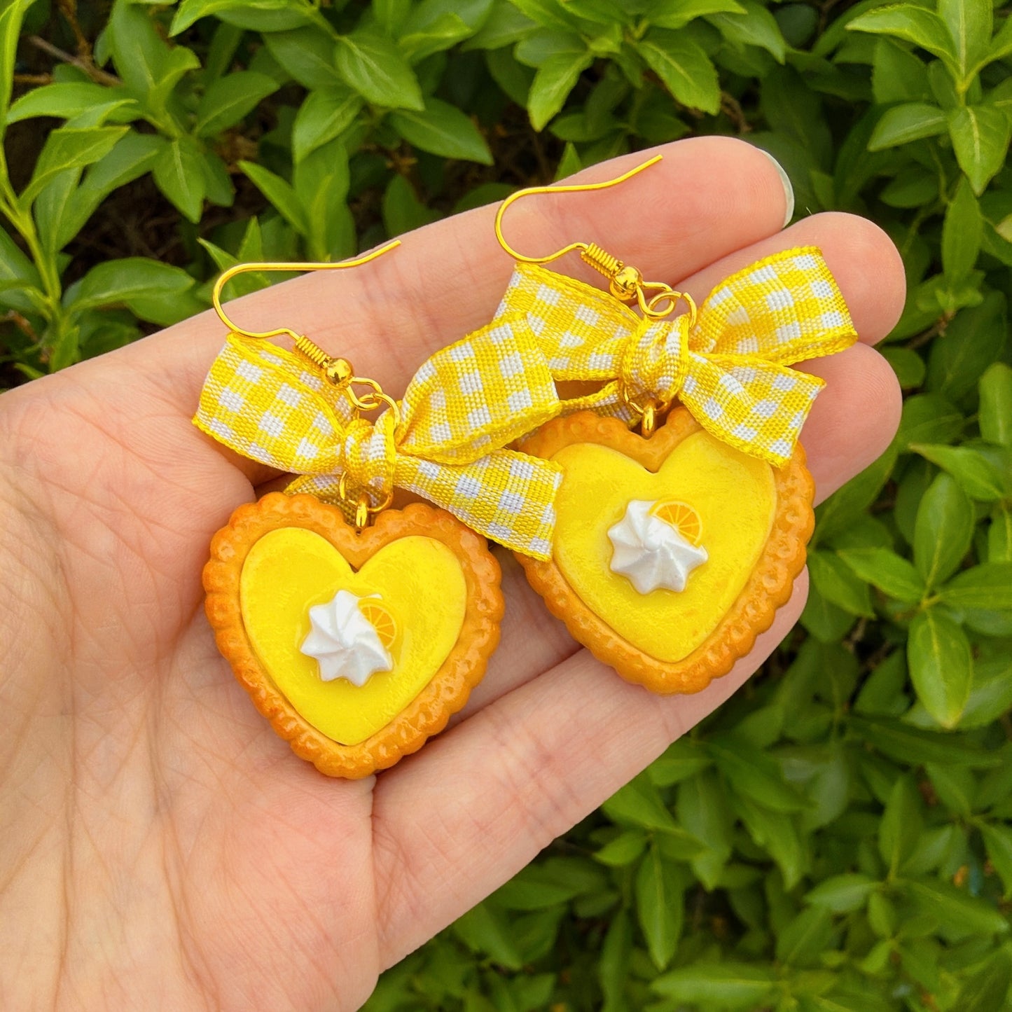 Heart Shaped Lemon Pie Earrings With Gingham Bows