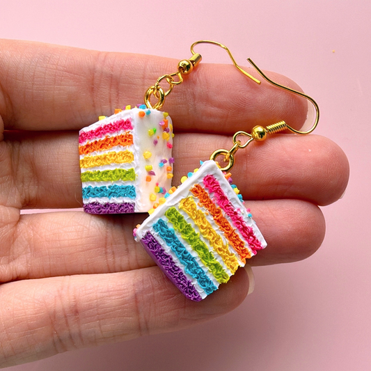 Rainbow Cake Earrings- Handmade Polymer Clay Dessert Jewelry